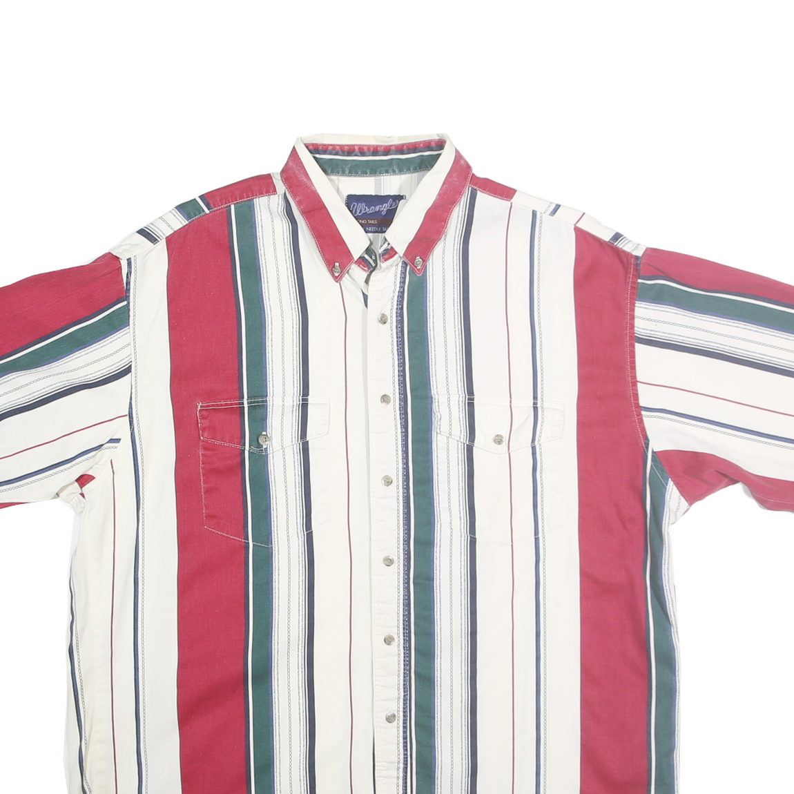 WRANGLER Mens White Red Green Striped Shirt XL Button Front Casual Summer