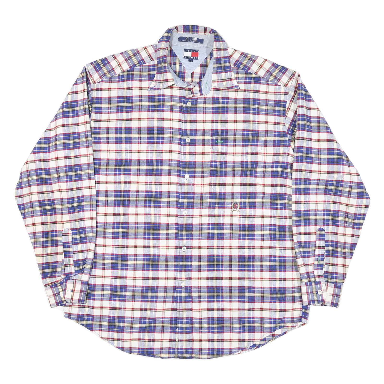 TOMMY HILFIGER Mens Blue & Red Check Shirt L Cotton Blend Long Sleeve Button