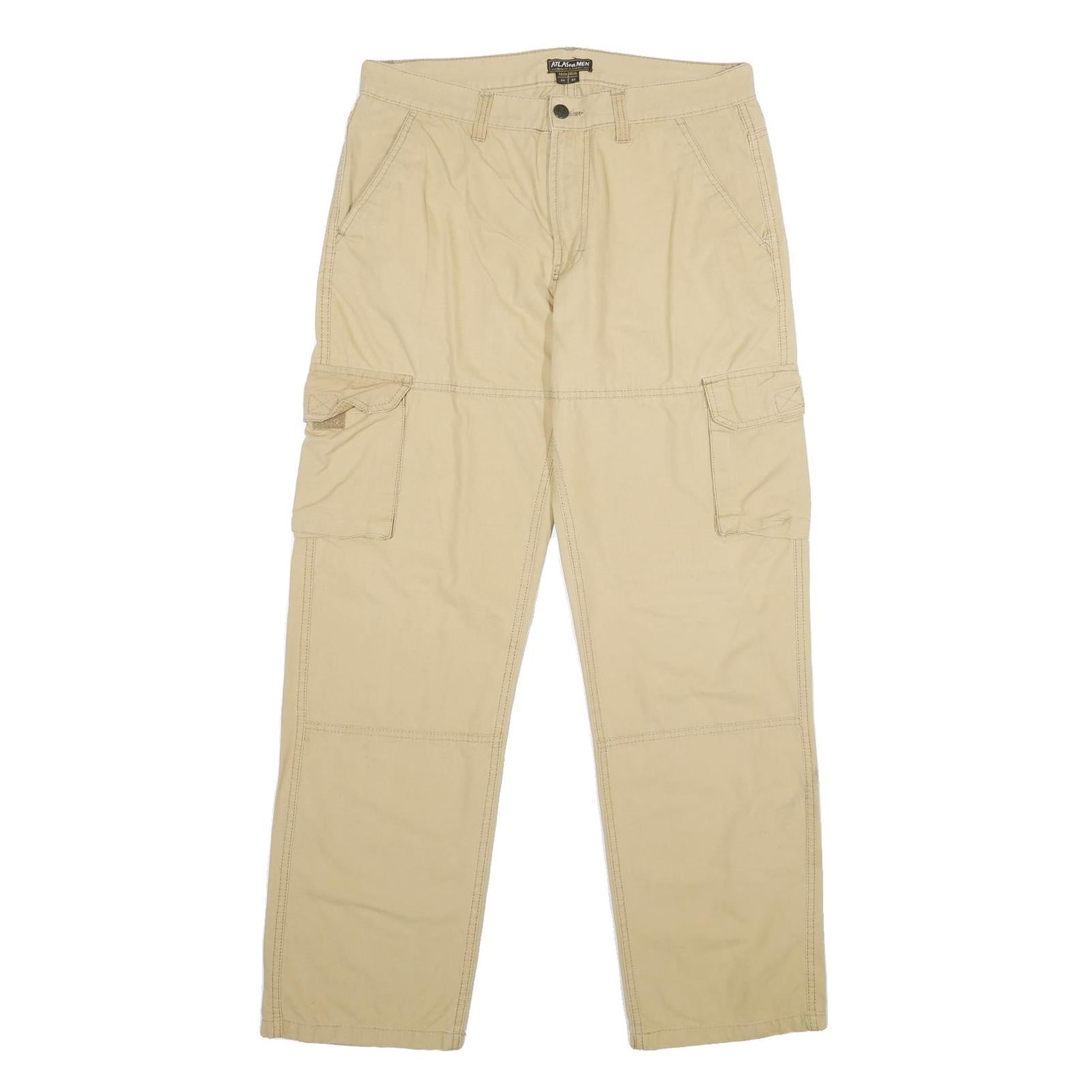 ATLAS FOR MEN Mens Cotton Blend Beige Regular Cargo Trousers W34 L32 Straight