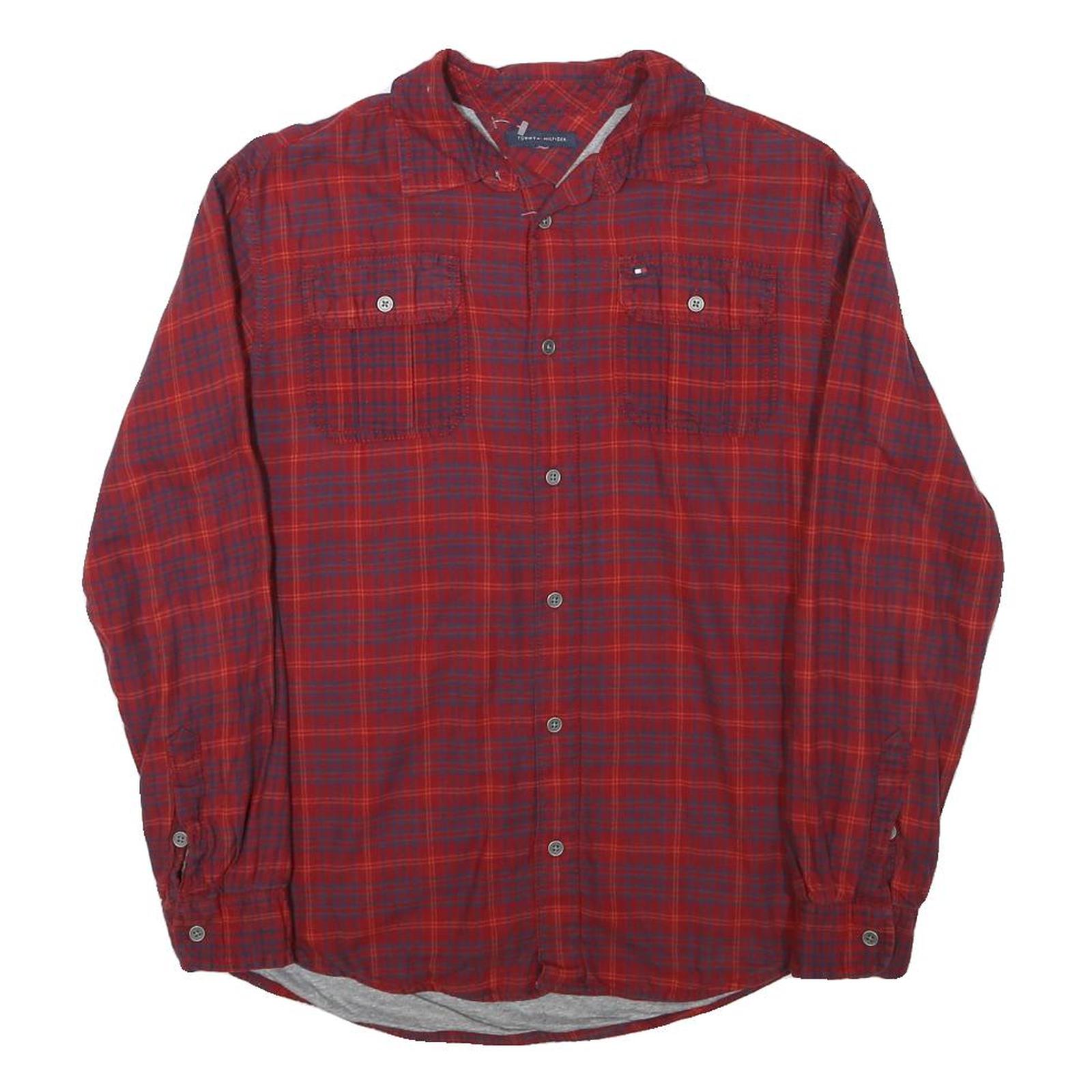 TOMMY HILFIGER Mens Red & Blue Check Shirt XS Long Sleeve Cotton Blend Relaxed