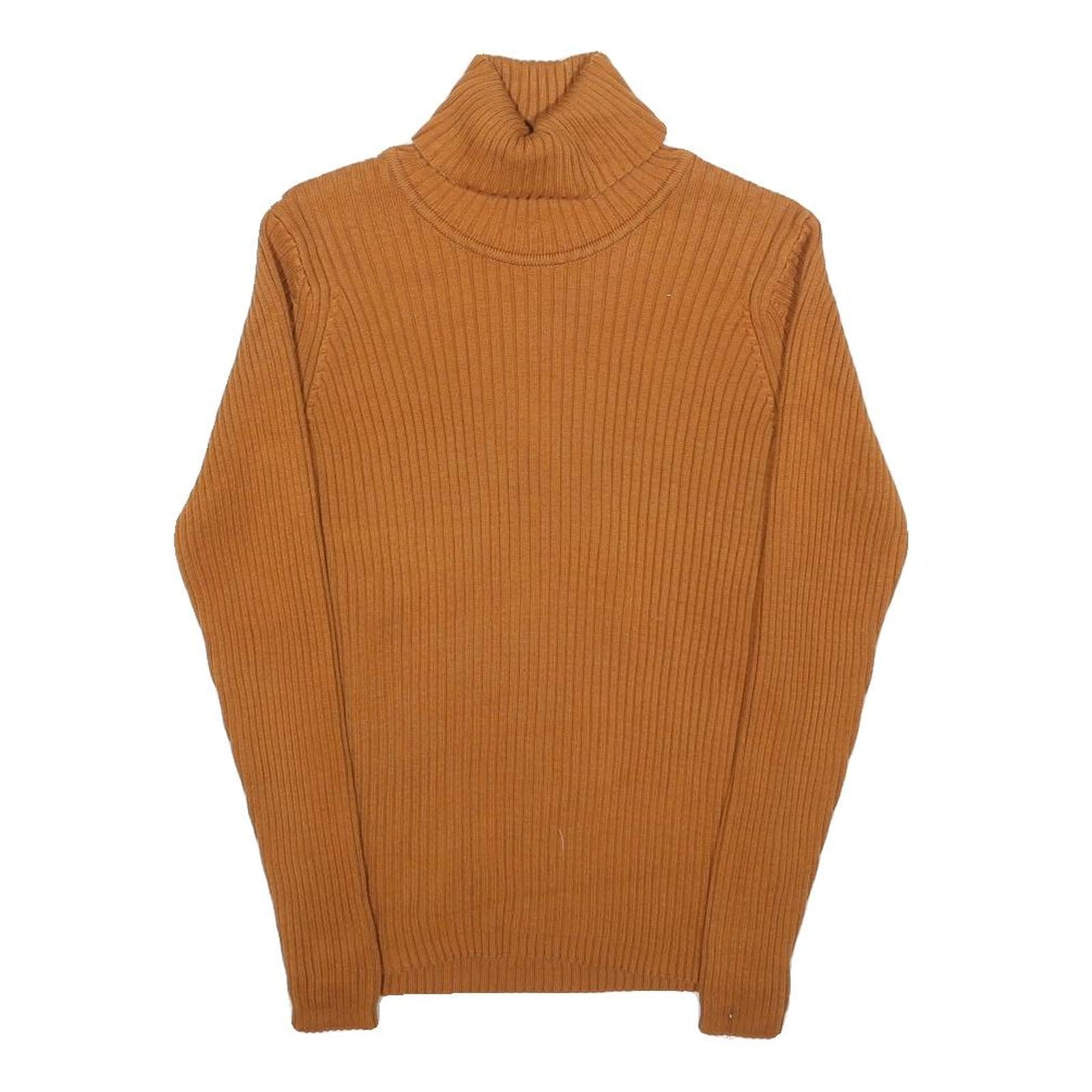 LL BEAN Womens Brown Plain Cotton Rib Knit Roll Neck Jumper M Casual Warm