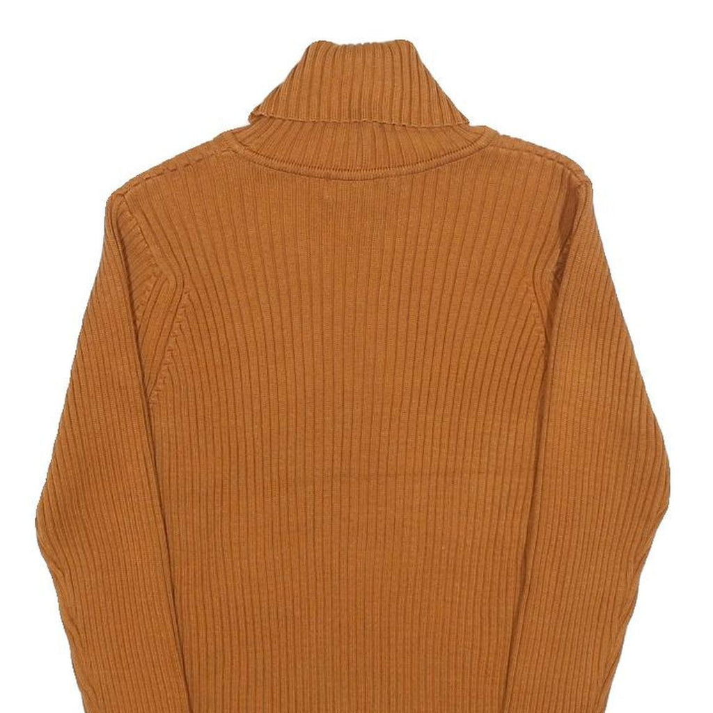 LL BEAN Womens Brown Plain Cotton Rib Knit Roll Neck Jumper M Casual Warm