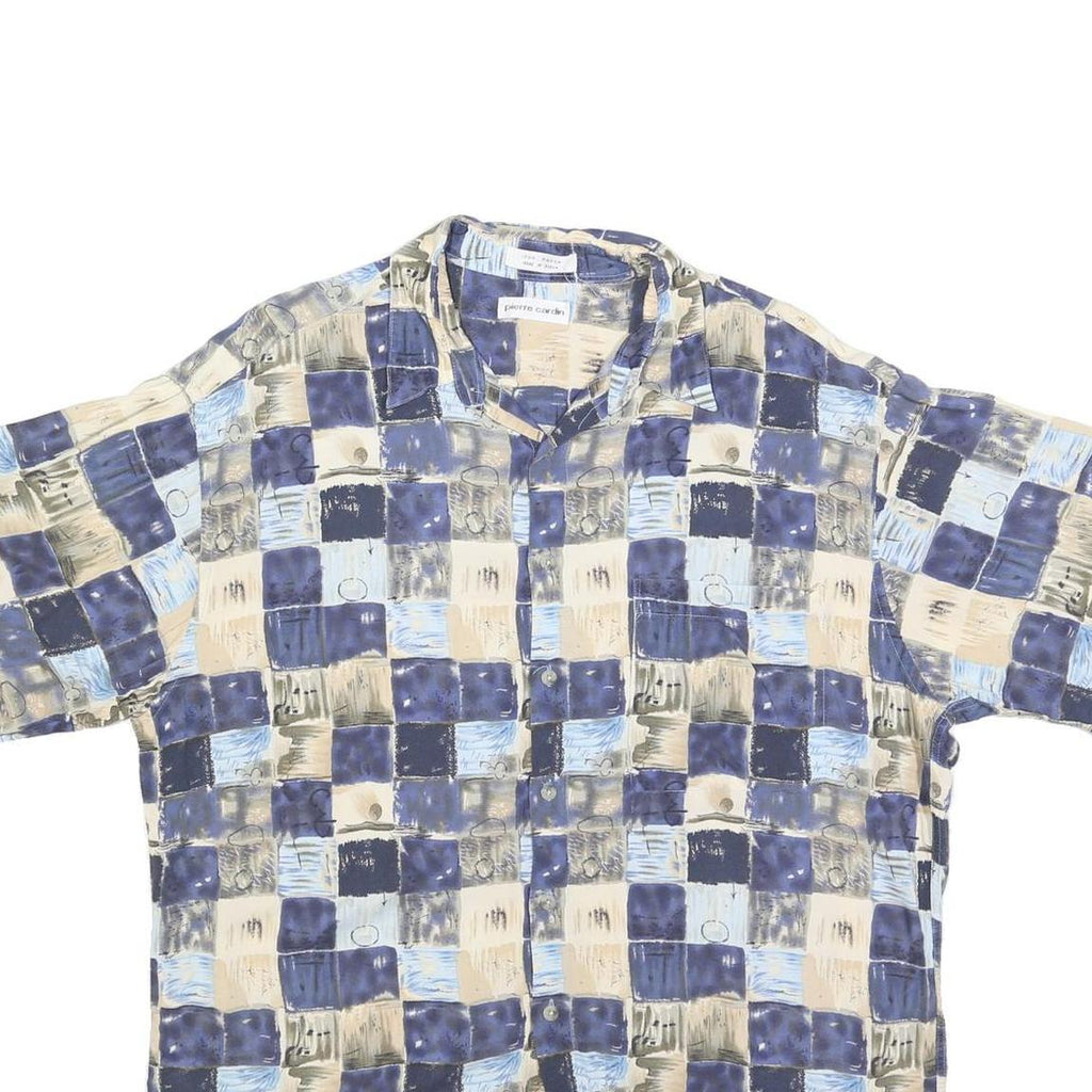 PIERRE CARDIN Mens Blue Beige Pattern Rayon Shirt L Casual Short Sleeve Button