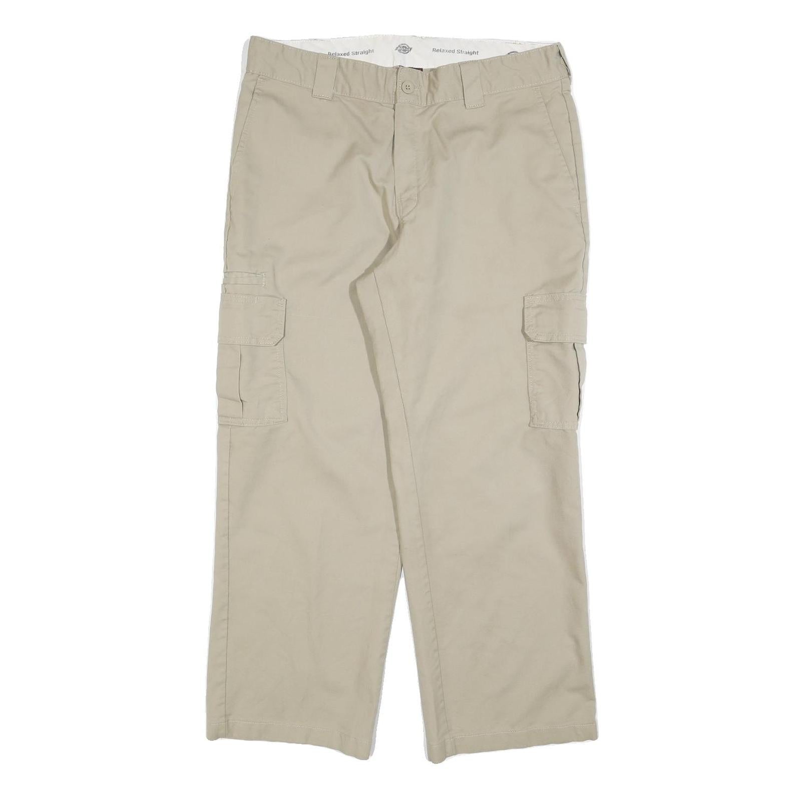 DICKIES Mens Cotton Blend Beige Relaxed Straight Cargo Trousers W36 L30 Workwear
