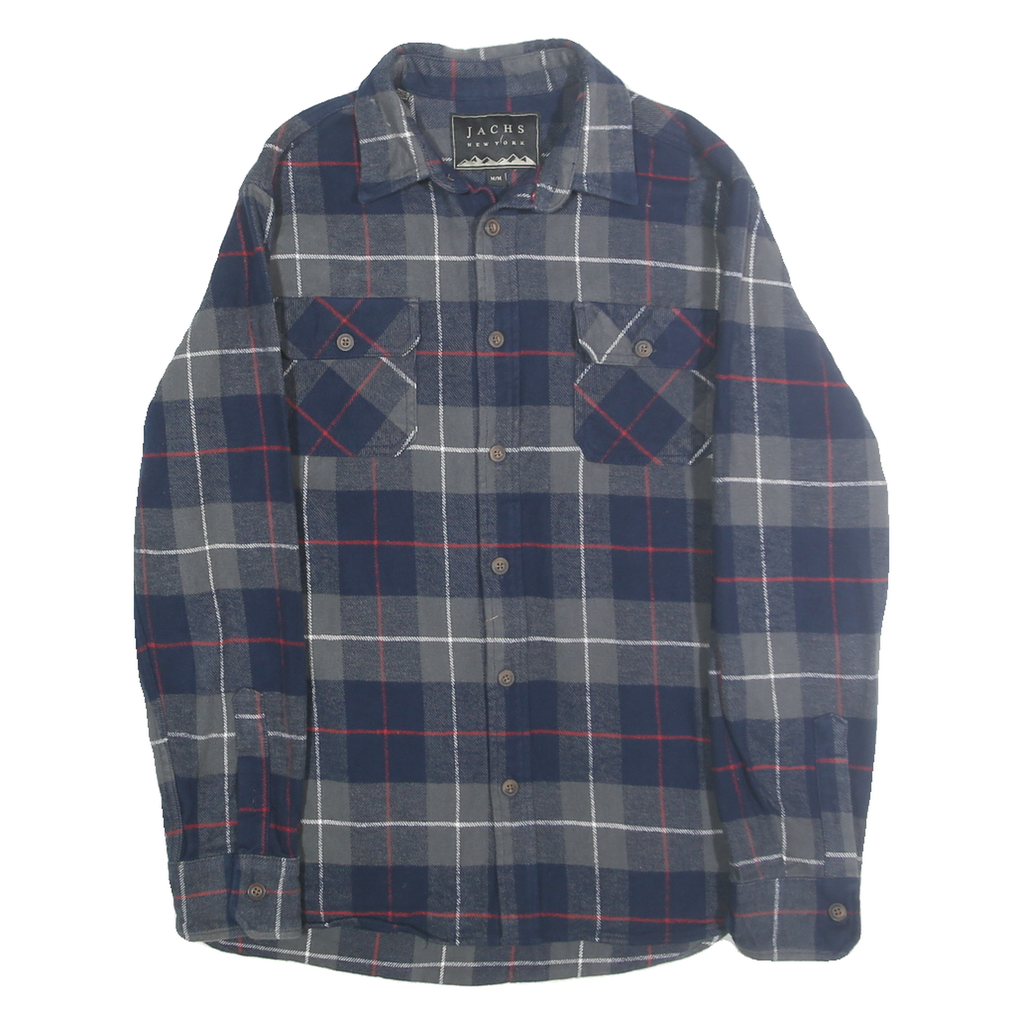 JACHS Mens Blue Grey Red Check Shirt M Cotton Casual Button Pocket