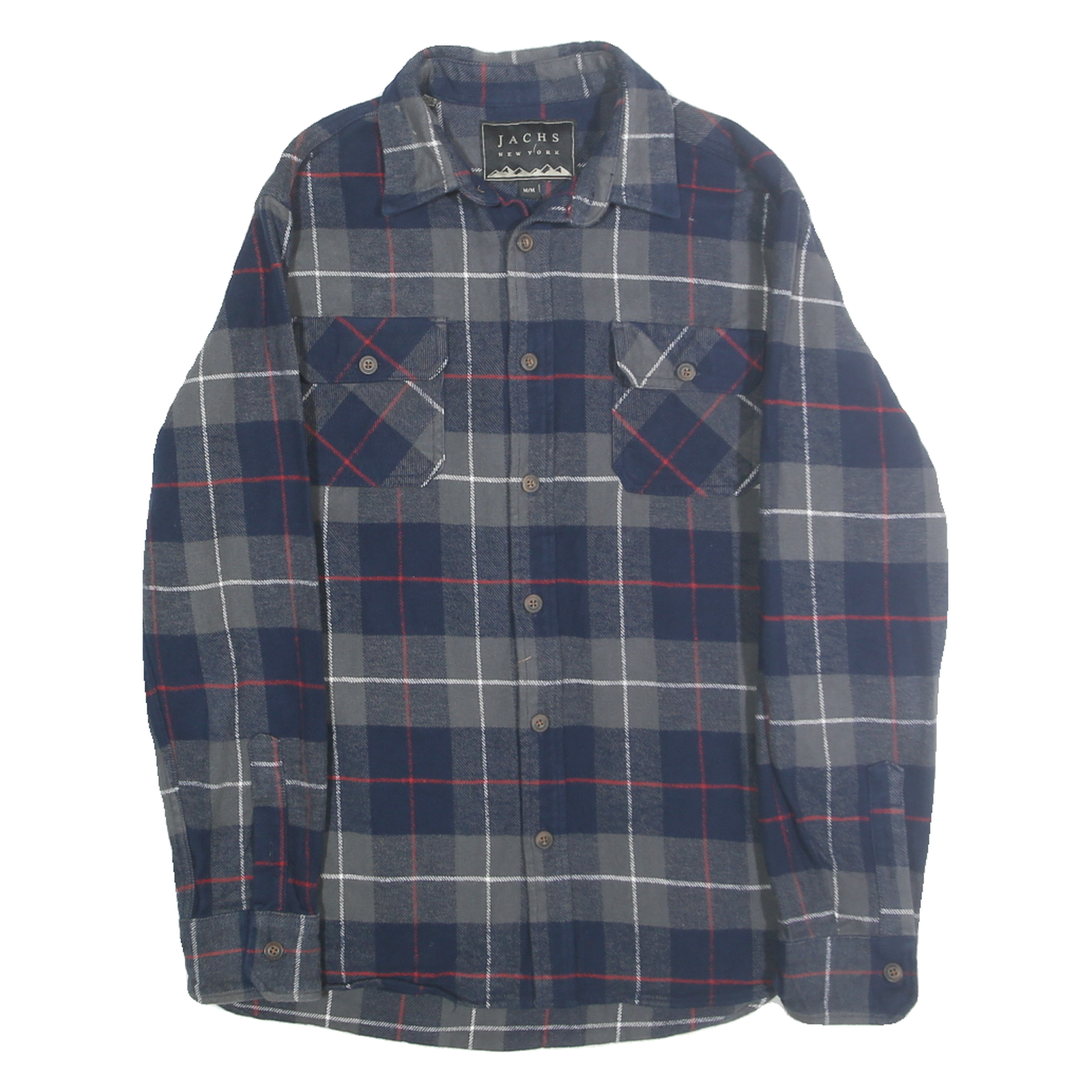 JACHS Mens Blue Grey Red Check Shirt M Cotton Casual Button Pocket