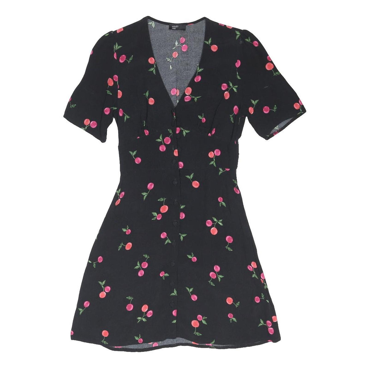 NOBODYS CHILD Womens Black Cherry Print Day Dress Viscose Blend Short Sleeve UK
