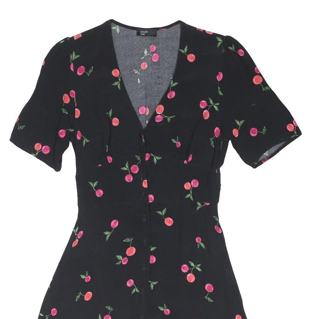 NOBODYS CHILD Womens Black Cherry Print Day Dress Viscose Blend Short Sleeve UK