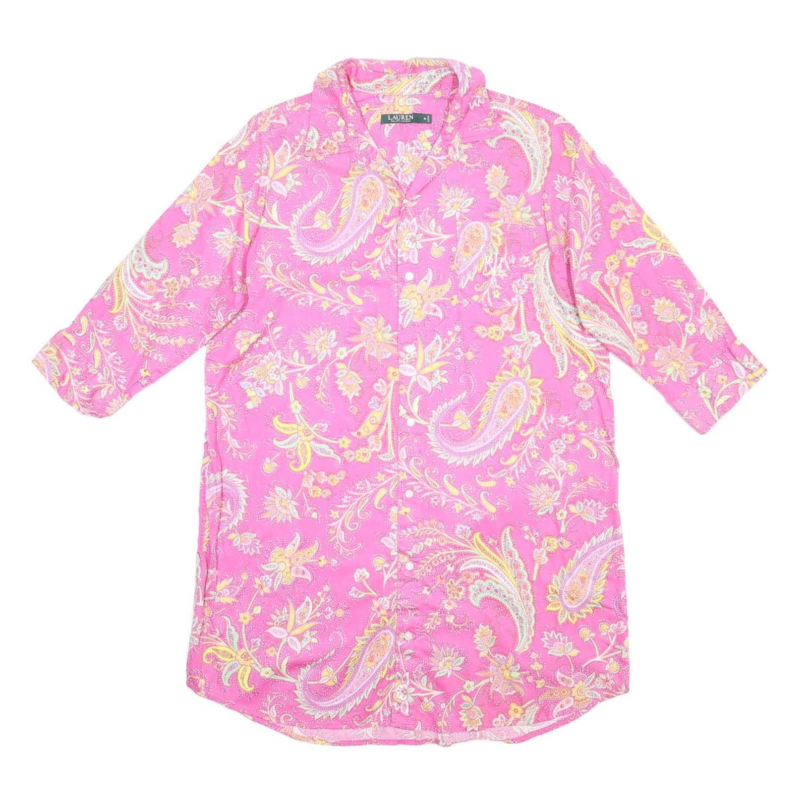 LAUREN RALPH LAUREN Womens Pink Floral Paisley Day Cotton Shirt Dress M Long