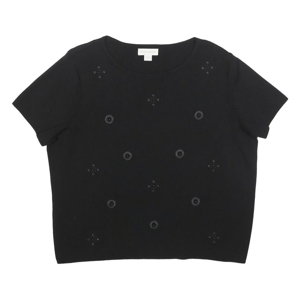 MONSOON Womens Black Embellished Basic Short Sleeve Crew Neck Top UK 14