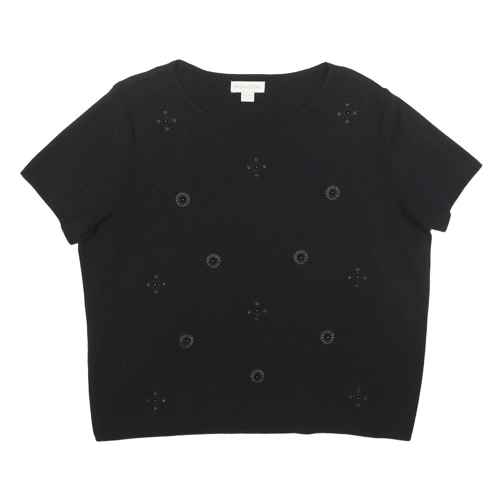 MONSOON Womens Black Embellished Basic Short Sleeve Crew Neck Top UK 14