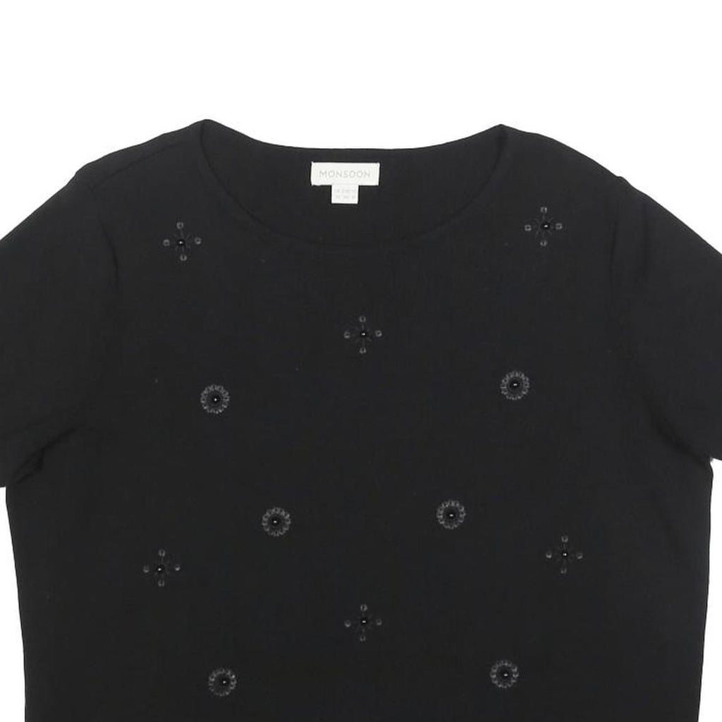 MONSOON Womens Black Embellished Basic Short Sleeve Crew Neck Top UK 14