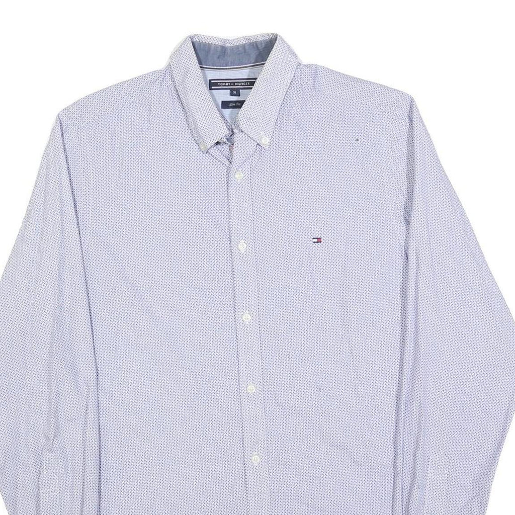 TOMMY HILFIGER Mens Blue & White Cotton Blend Shirt M Slim Fit Long Sleeve