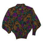 Womens Black Green & Brown Floral Printed Shirt Long Sleeve Collared M Elegant
