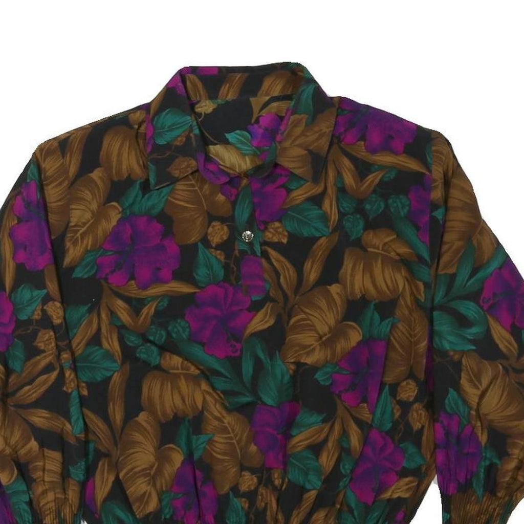 Womens Black Green & Brown Floral Printed Shirt Long Sleeve Collared M Elegant