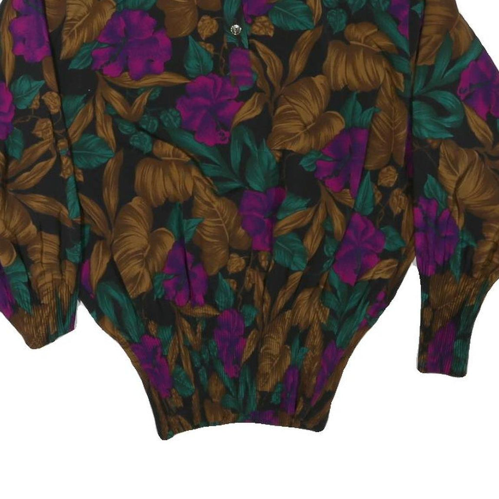 Womens Black Green & Brown Floral Printed Shirt Long Sleeve Collared M Elegant