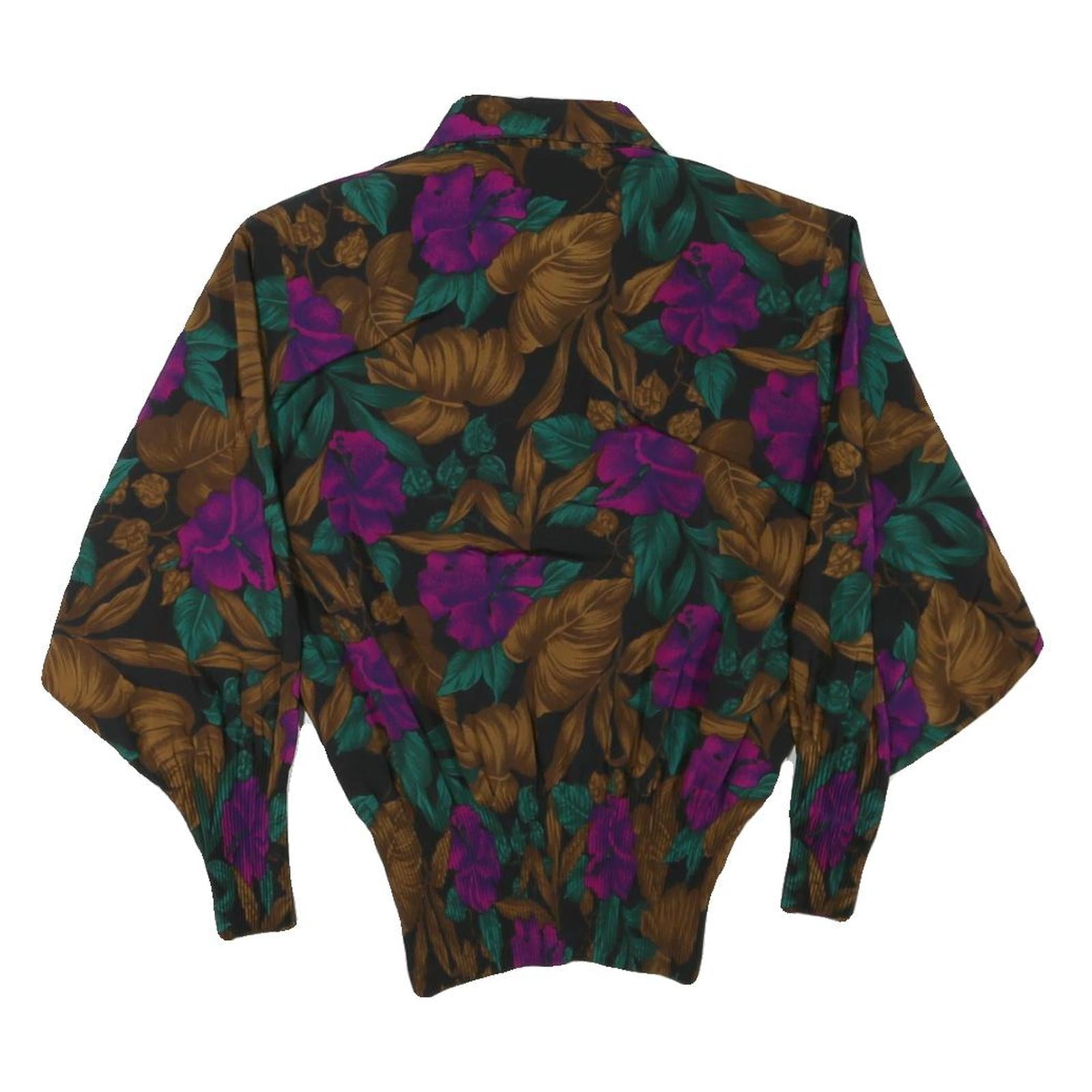 Womens Black Green & Brown Floral Printed Shirt Long Sleeve Collared M Elegant