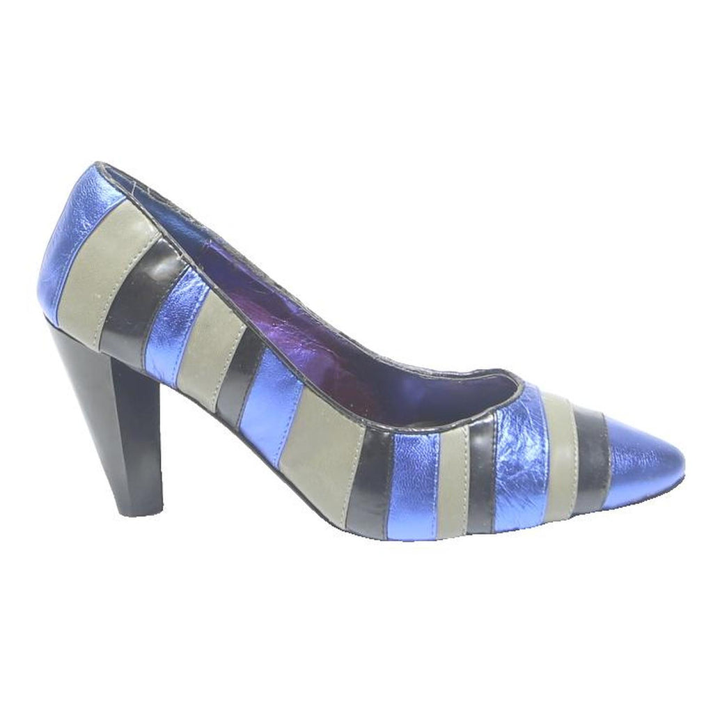 GEORGINA GOODMAN Womens Striped Blue Black & Grey Leather Pump UK 7 Stylish Heel