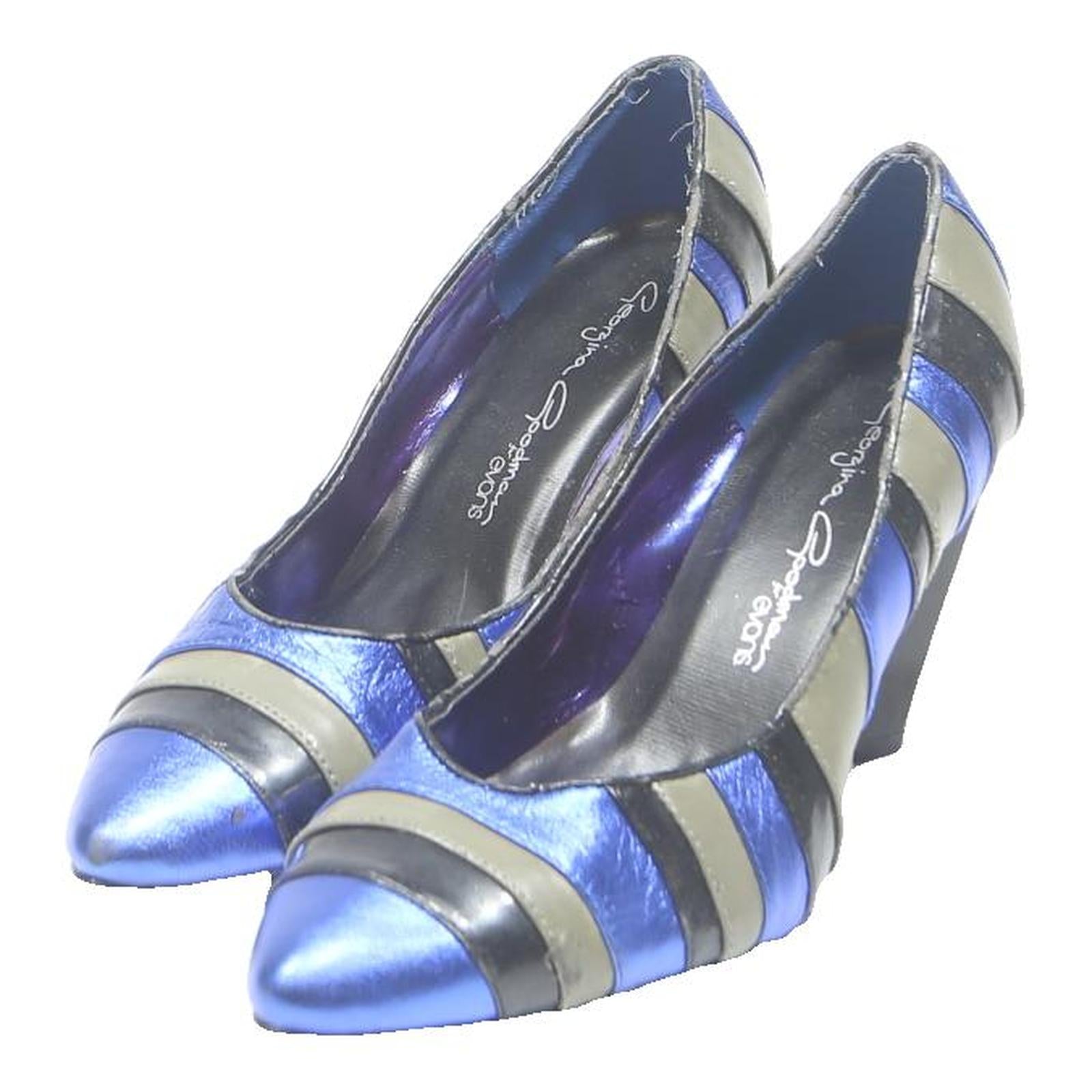 GEORGINA GOODMAN Womens Striped Blue Black & Grey Leather Pump UK 7 Stylish Heel