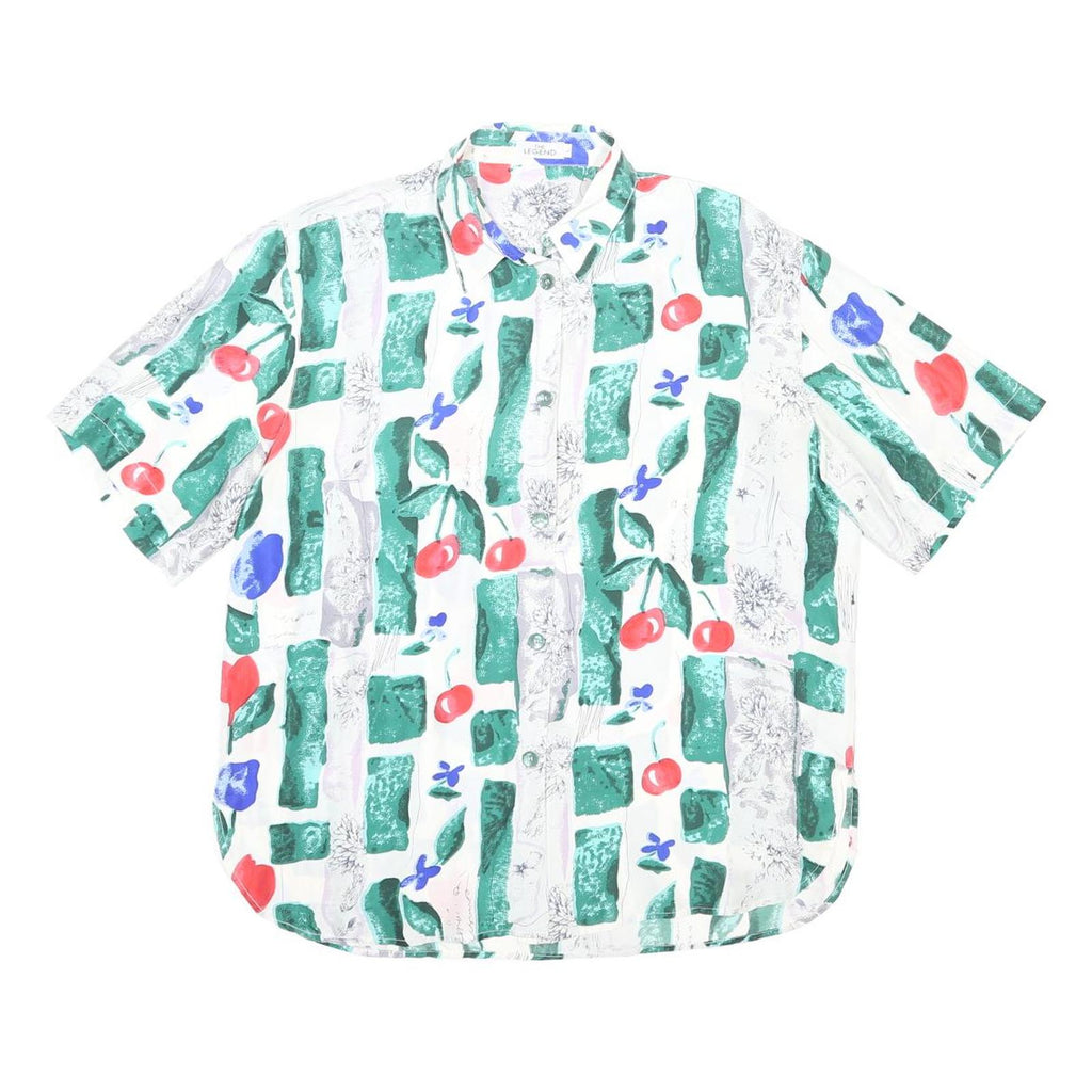 THE LEGEND Womens White Green Red Blue Silk Shirt L Artistic Print Short Sleeve