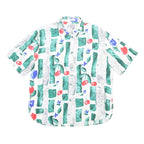 THE LEGEND Womens White Green Red Blue Silk Shirt L Artistic Print Short Sleeve