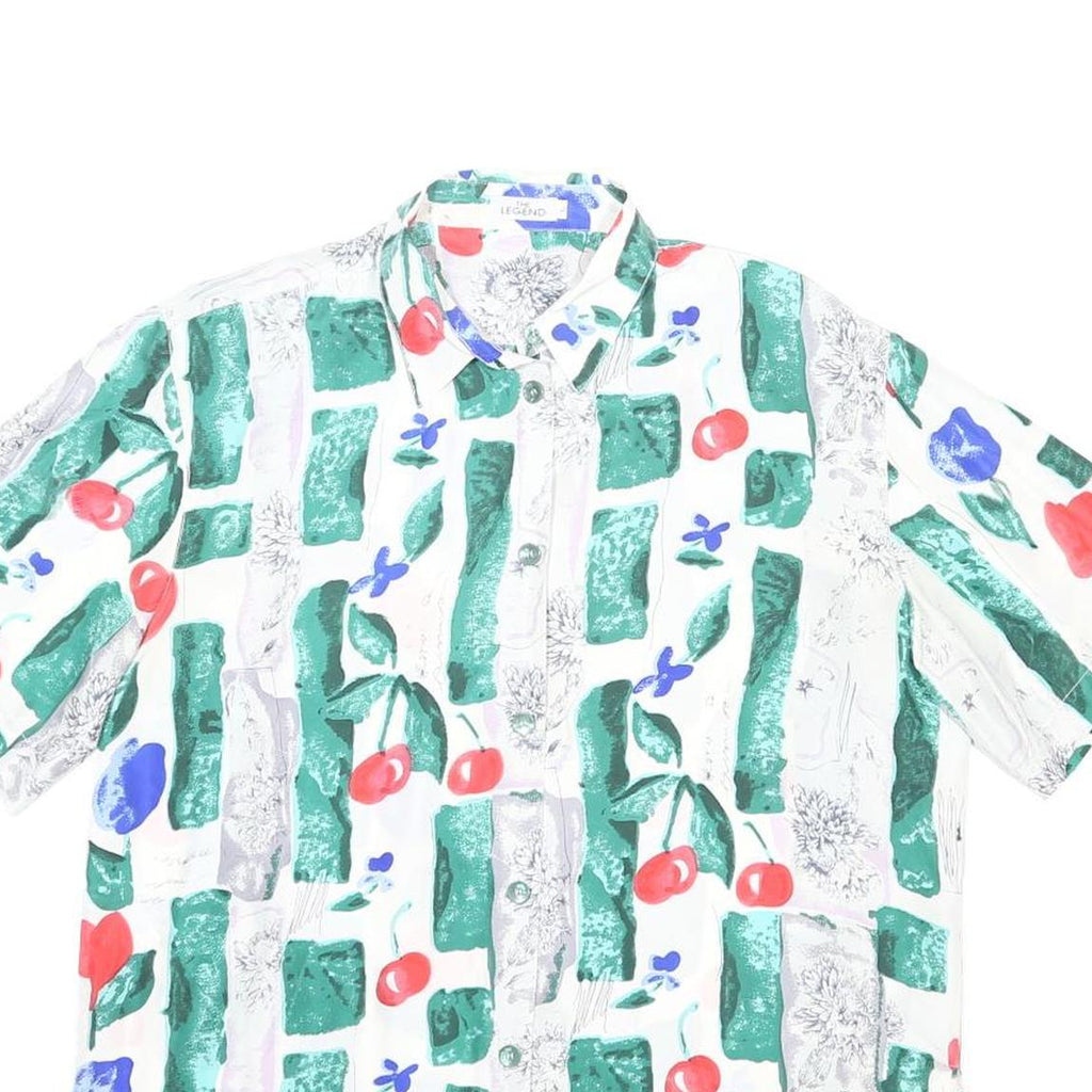 THE LEGEND Womens White Green Red Blue Silk Shirt L Artistic Print Short Sleeve