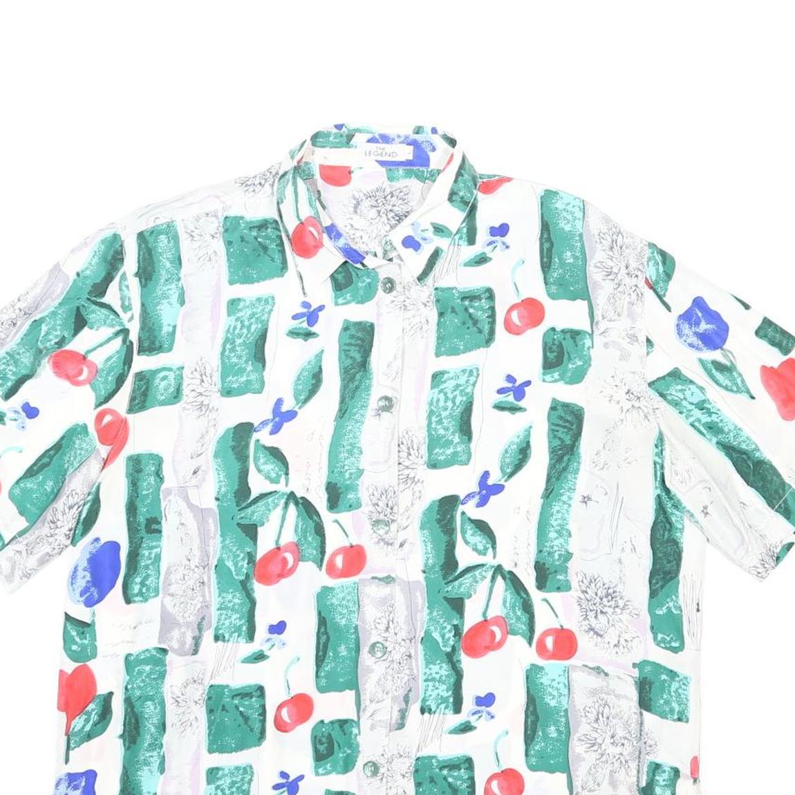 THE LEGEND Womens White Green Red Blue Silk Shirt L Artistic Print Short Sleeve