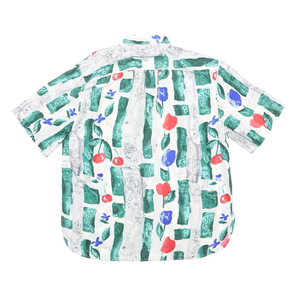 THE LEGEND Womens White Green Red Blue Silk Shirt L Artistic Print Short Sleeve