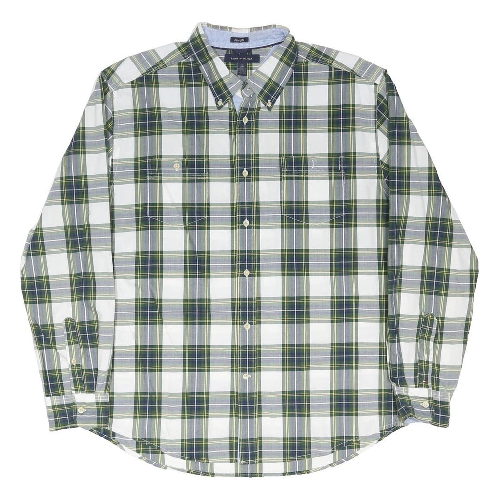TOMMY HILFIGER Mens Green & Grey Check Shirt XL Button-Down Cotton Blend Casual