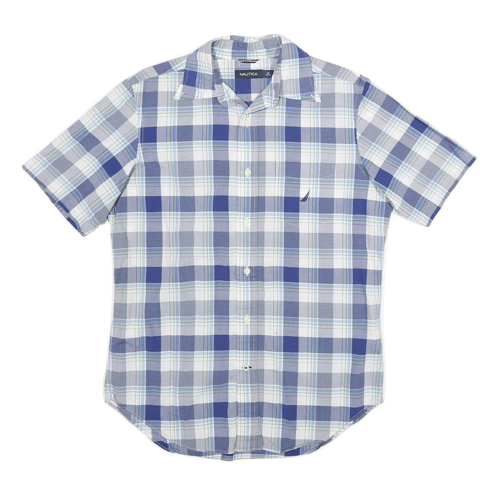 NAUTICA Mens Blue & White Plaid Shirt S Cotton Short Sleeve Casual Summer Button