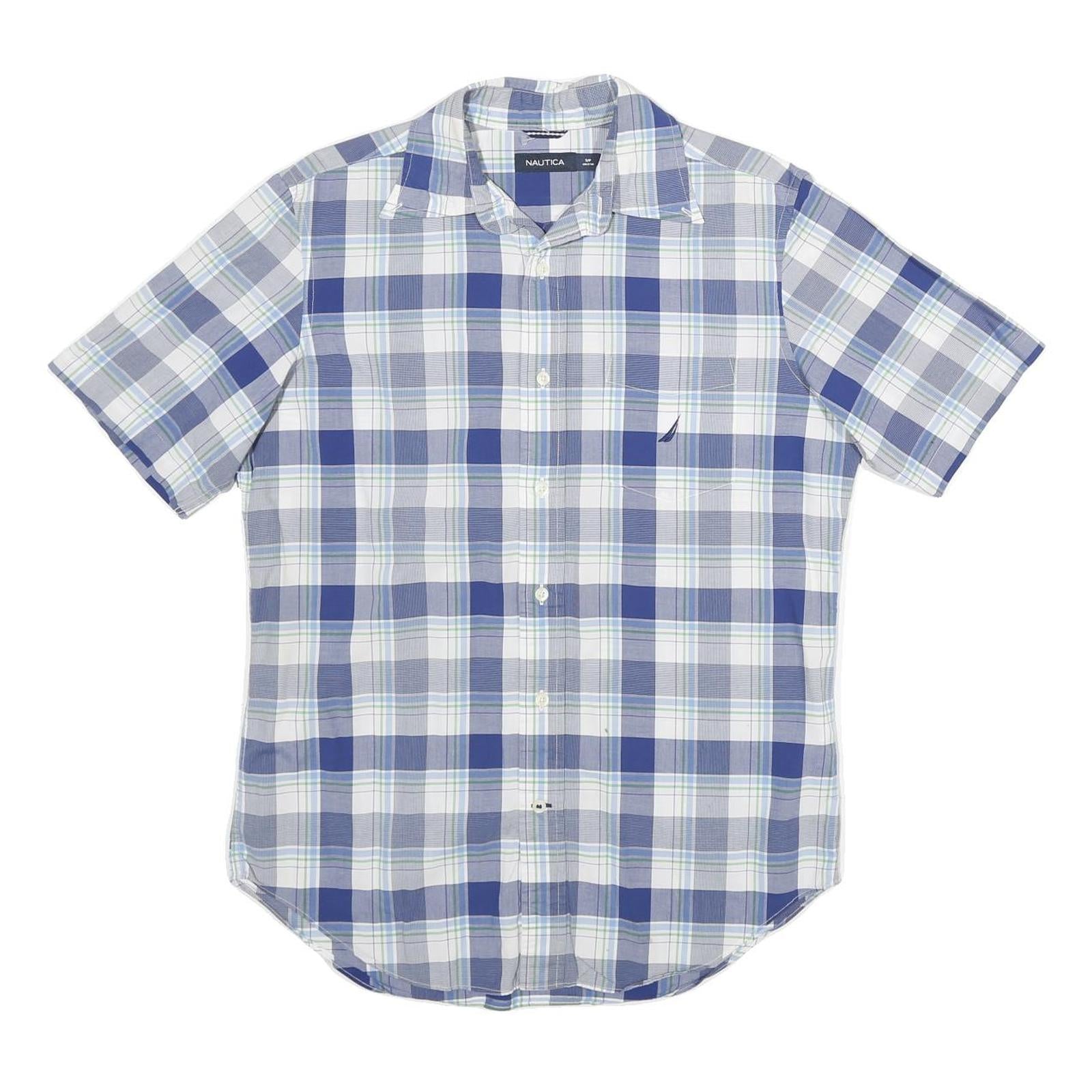 NAUTICA Mens Blue & White Plaid Shirt S Cotton Short Sleeve Casual Summer Button