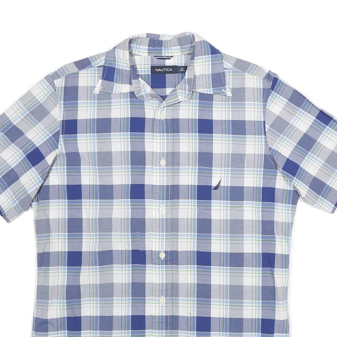 NAUTICA Mens Blue & White Plaid Shirt S Cotton Short Sleeve Casual Summer Button