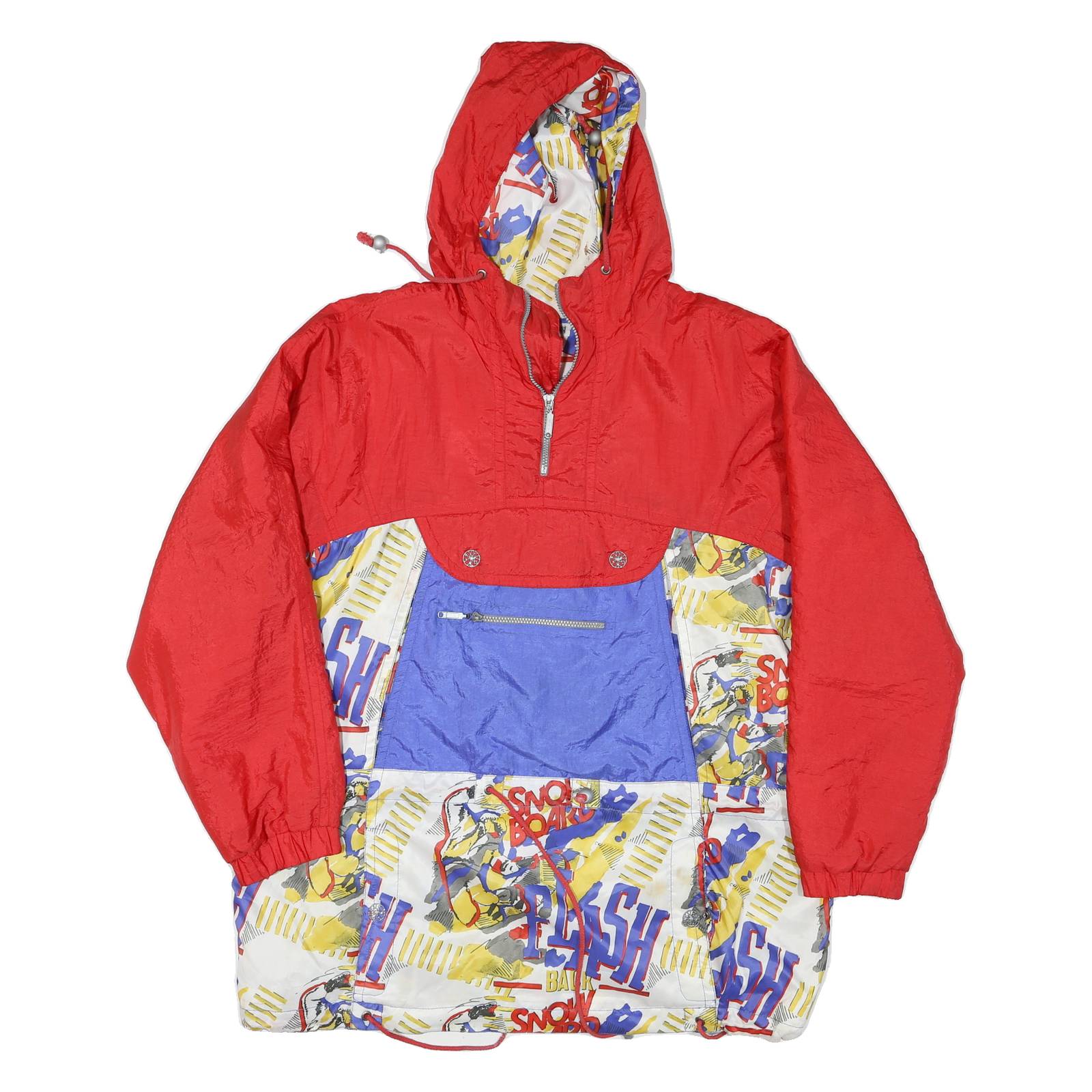 Mens Red Blue Black Snowboard Pattern Jacket L Polyester Blend Zip Hooded