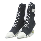 CHARLES & KEITH Womens Lace-Up Ankle Boots Black & White Canvas UK 2.5 Stylish
