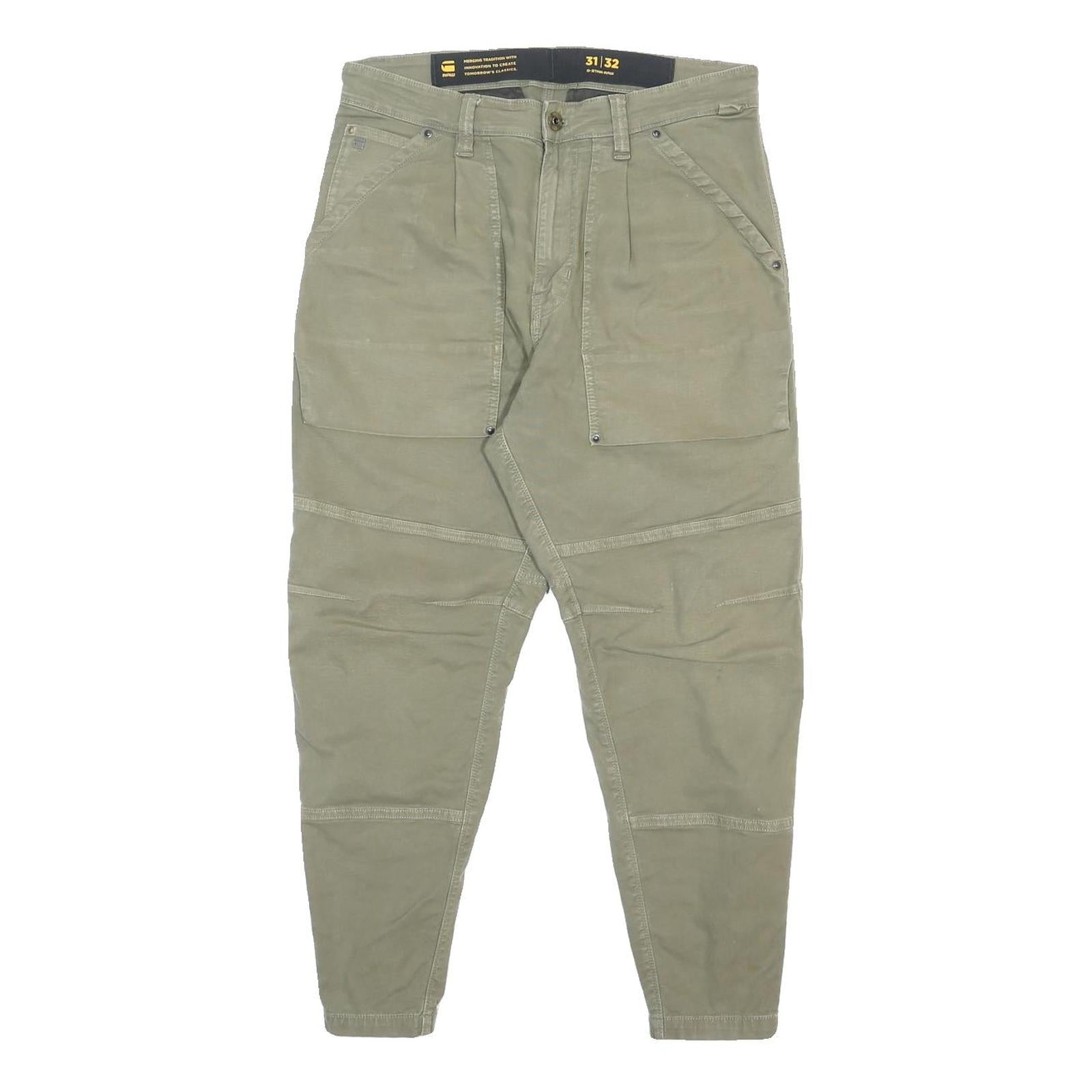 G-STAR Mens Cotton Blend Khaki Relaxed Tapered Trousers W31 L27 Casual Zip