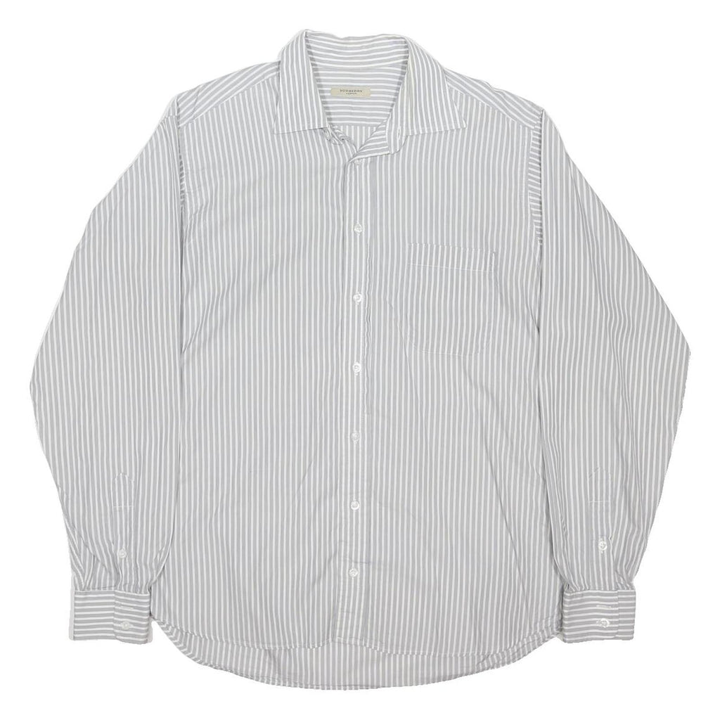 BURBERRY Mens White & Grey Striped Shirt L Cotton Blend Classic Fit Button-Down