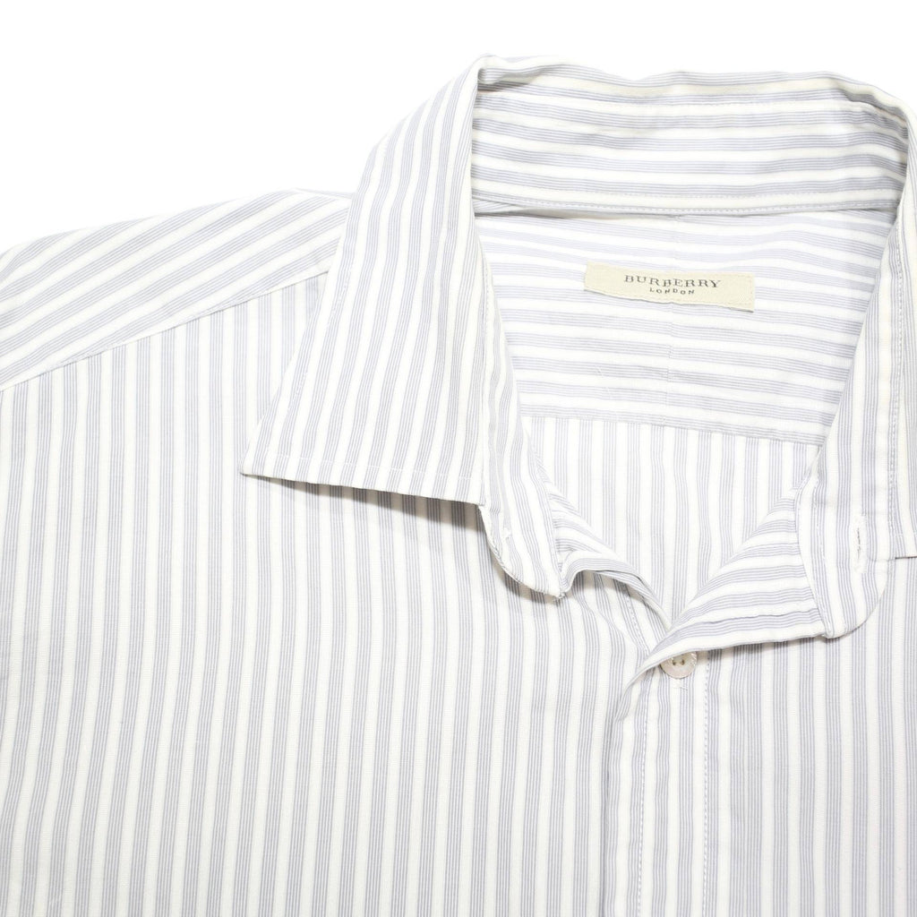 BURBERRY Mens White & Grey Striped Shirt L Cotton Blend Classic Fit Button-Down