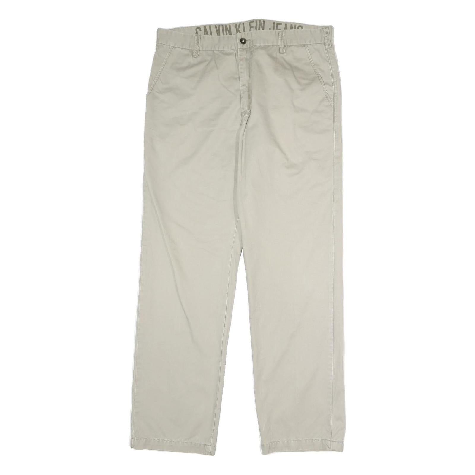 CALVIN KLEIN JEANS Mens Cotton Beige Regular Straight Trousers W36 L32 Casual