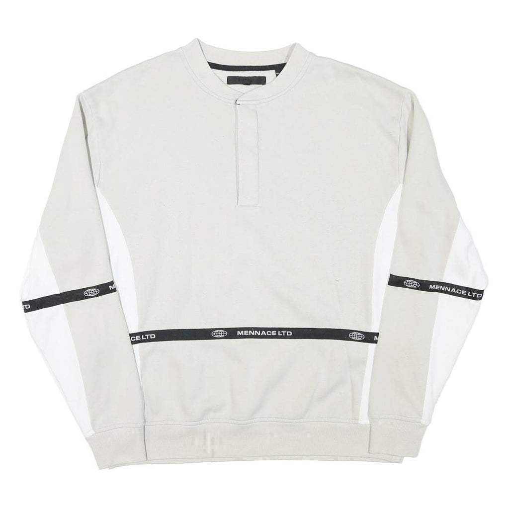 MENNACE Mens Beige & White Sweatshirt Crew Neck M Logo Tape Detail Cotton Blend
