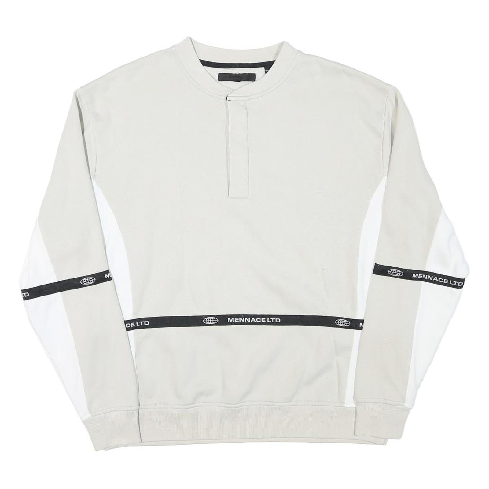 MENNACE Mens Beige & White Sweatshirt Crew Neck M Logo Tape Detail Cotton Blend