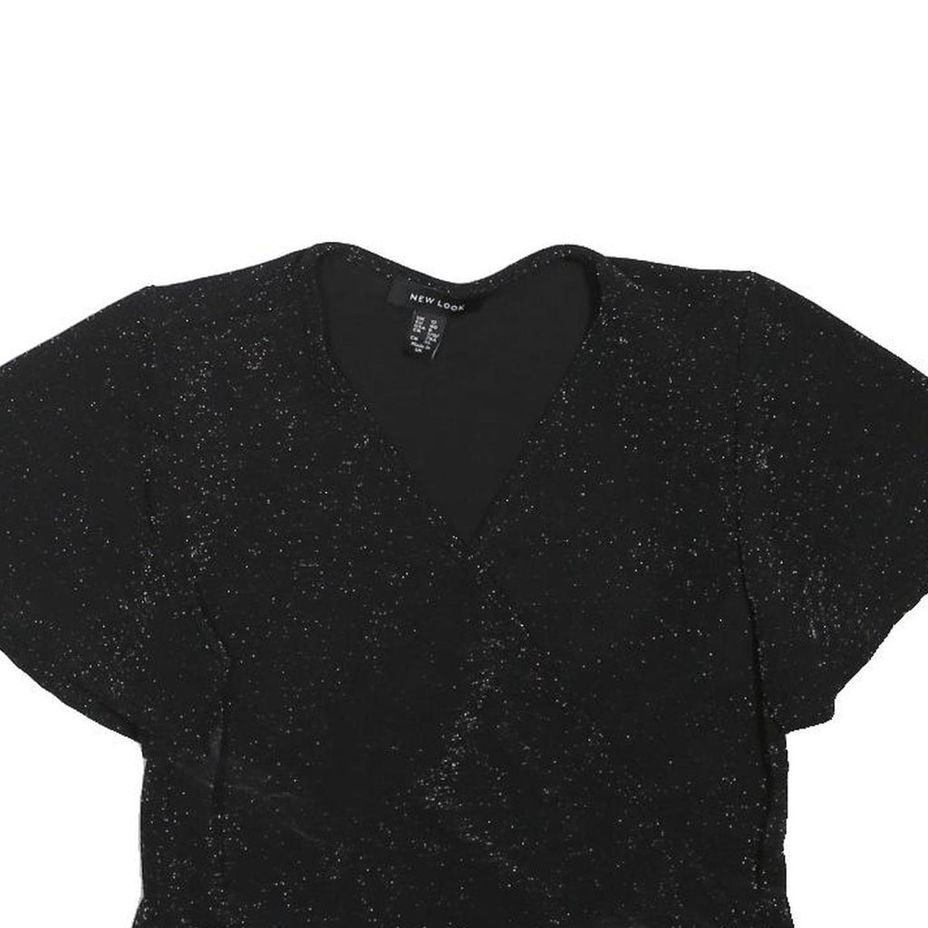 NEW LOOK Womens Black Sparkle Crop Top Short Sleeve V-Neck UK 12 Evening