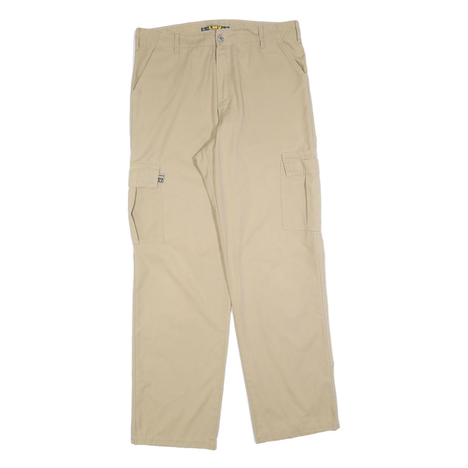 LMV Mens Regular Beige Cotton Blend Cargo Trousers W34 L32 Zip Closure