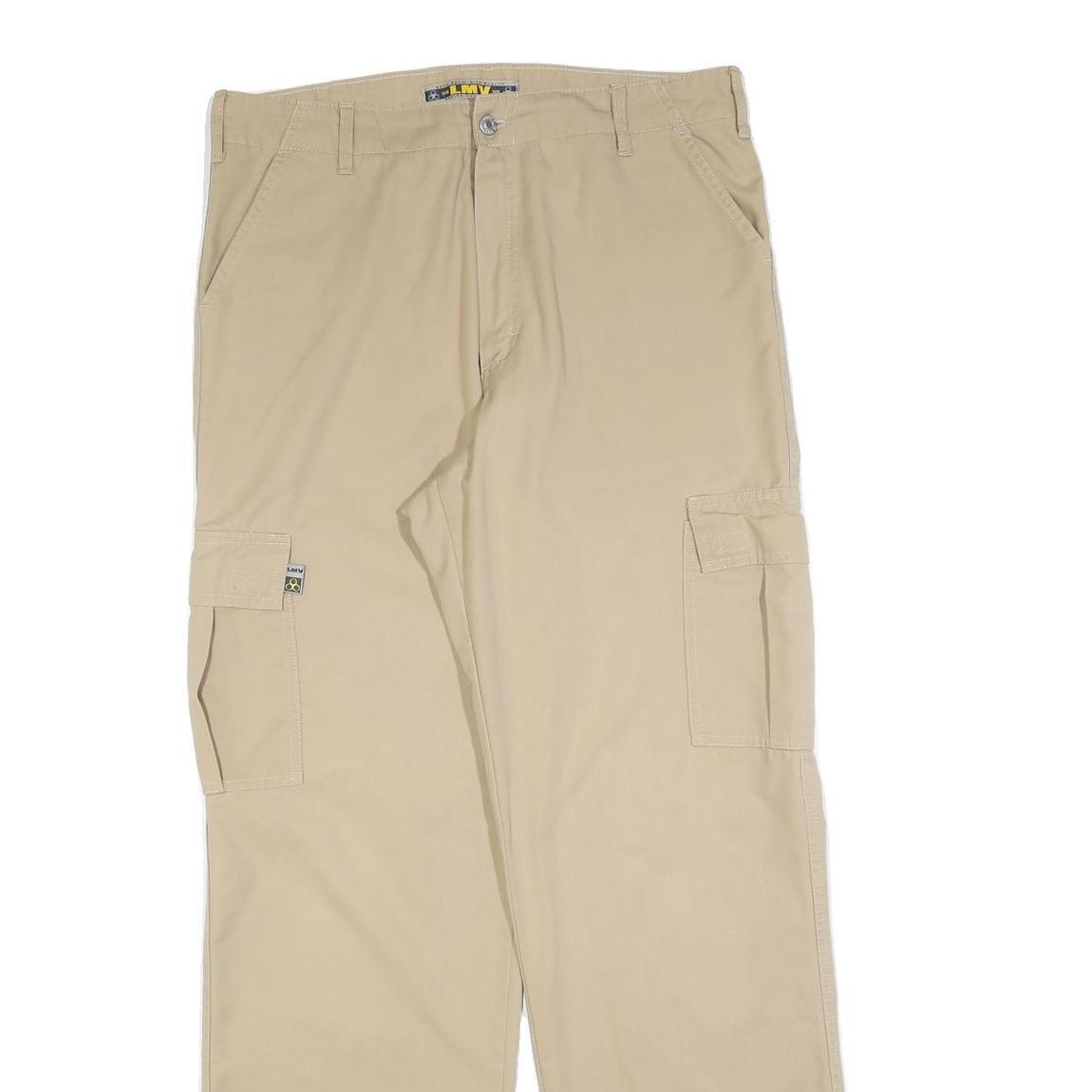 LMV Mens Regular Beige Cotton Blend Cargo Trousers W34 L32 Zip Closure