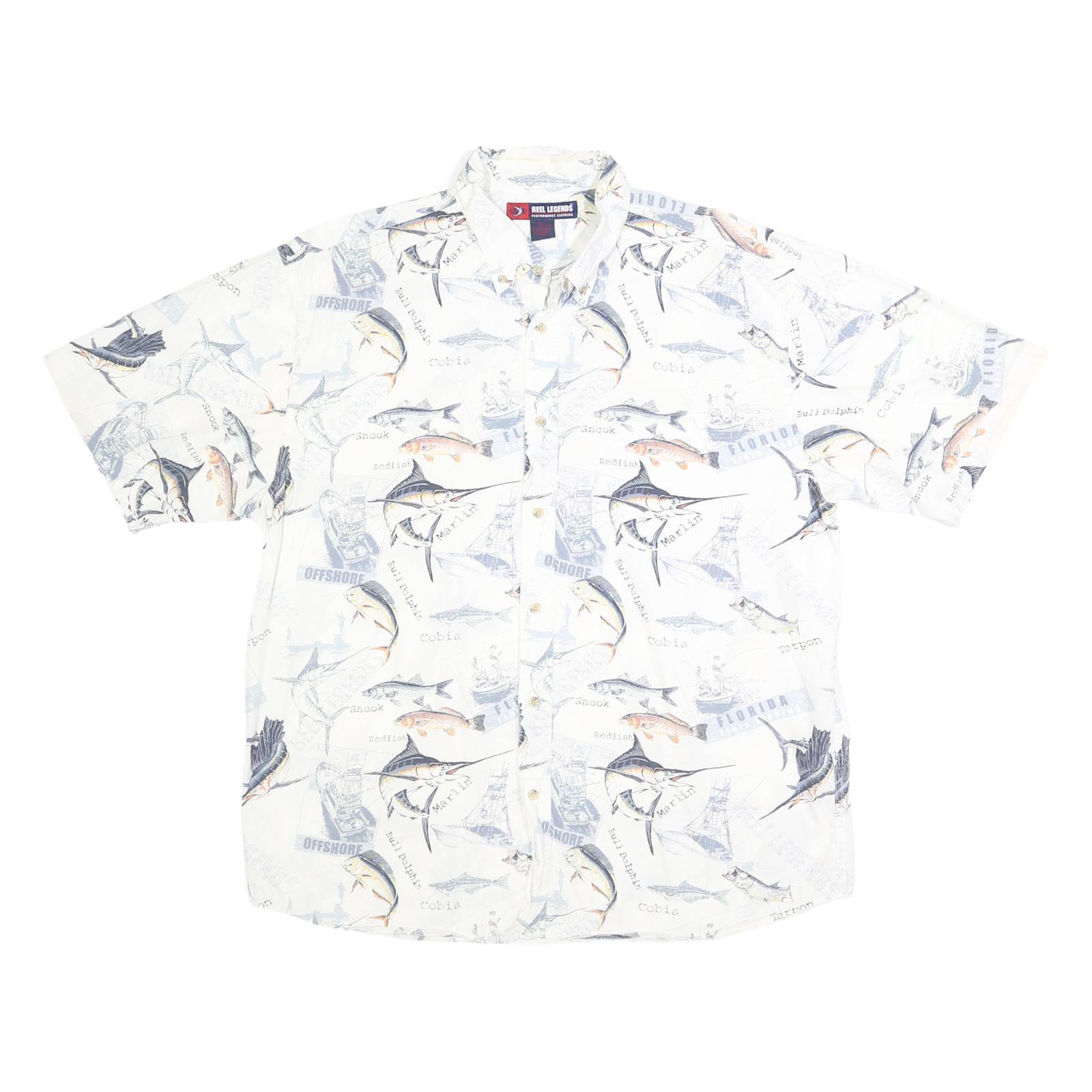 REEL LEGENDS Mens White Fishing Print Cotton Shirt XL Casual Summer Holiday