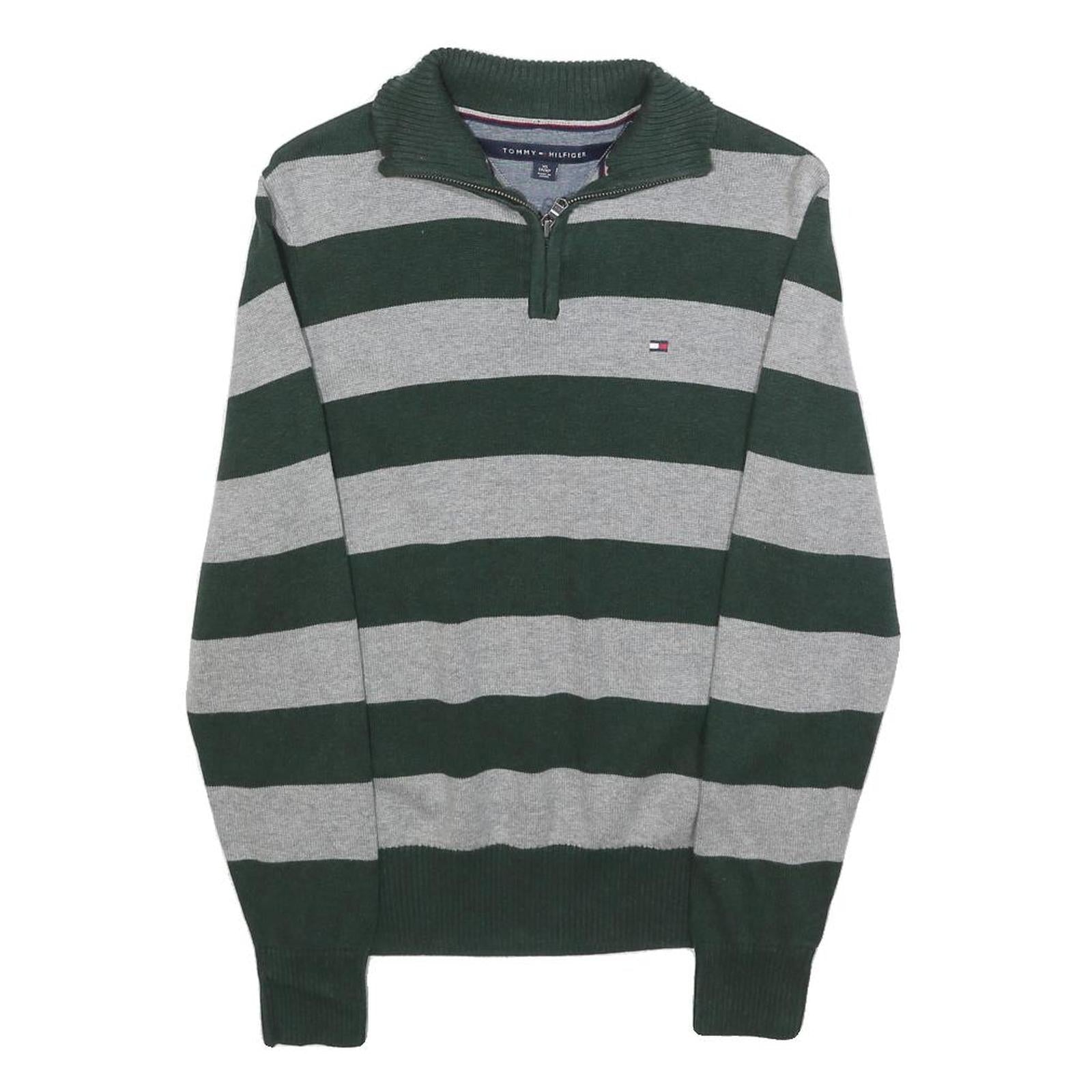 TOMMY HILFIGER Mens Green & Grey Patterned Jumper V-Neck Basic Knit XS Cotton