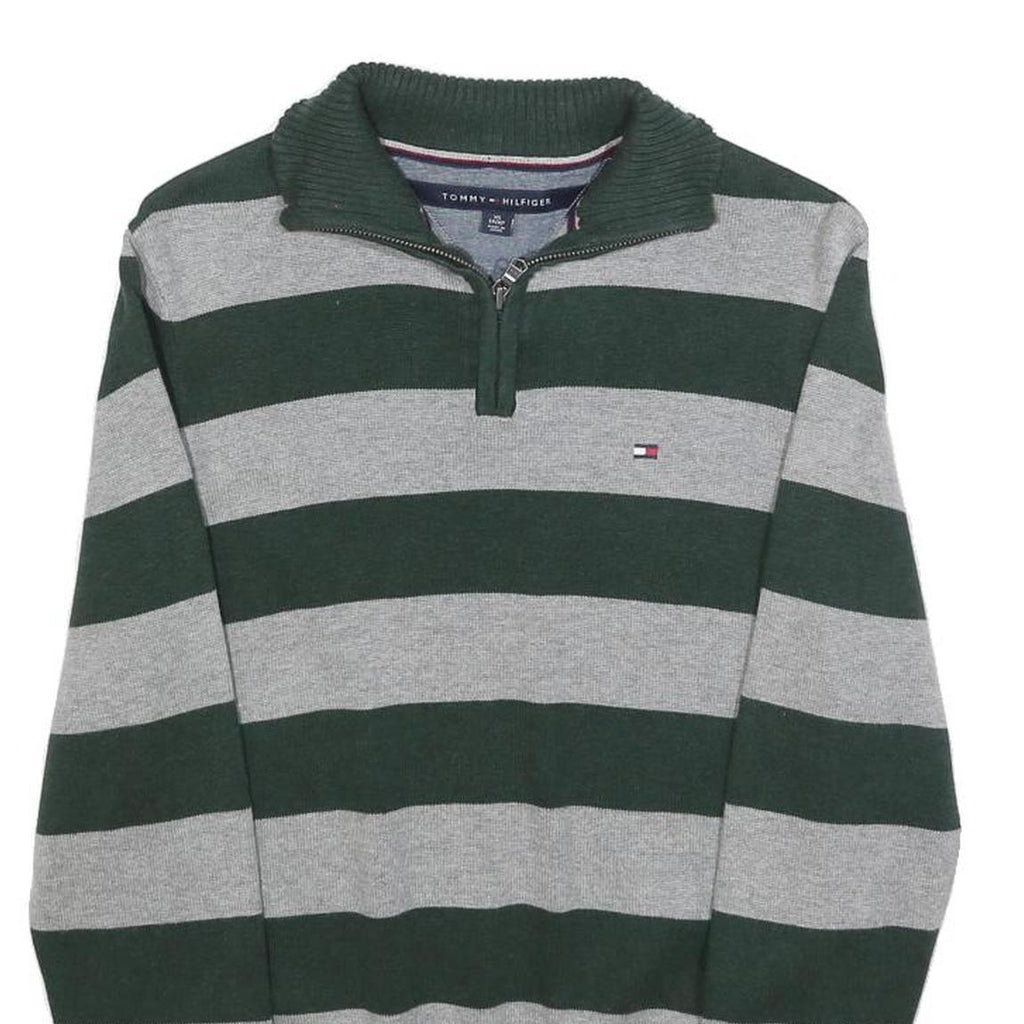 TOMMY HILFIGER Mens Green & Grey Patterned Jumper V-Neck Basic Knit XS Cotton