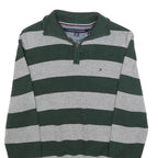 TOMMY HILFIGER Mens Green & Grey Patterned Jumper V-Neck Basic Knit XS Cotton