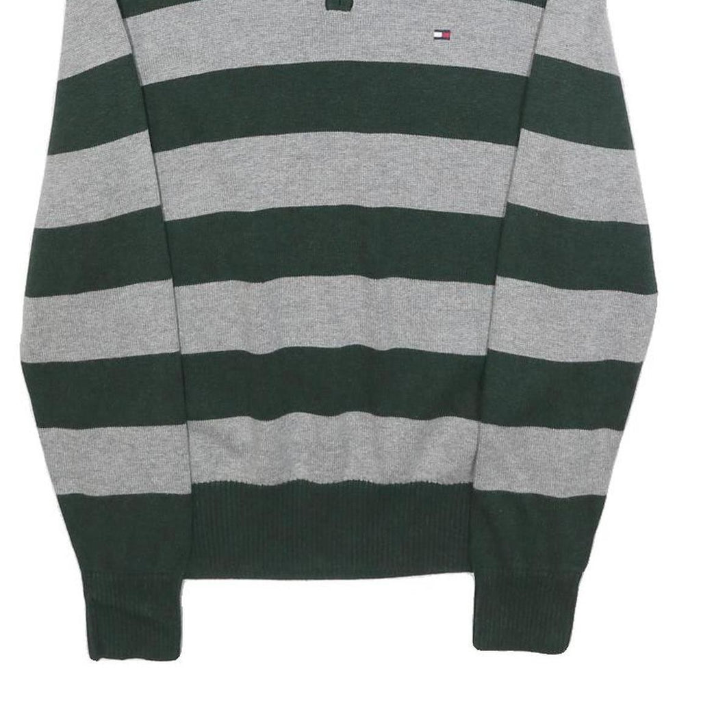 TOMMY HILFIGER Mens Green & Grey Patterned Jumper V-Neck Basic Knit XS Cotton