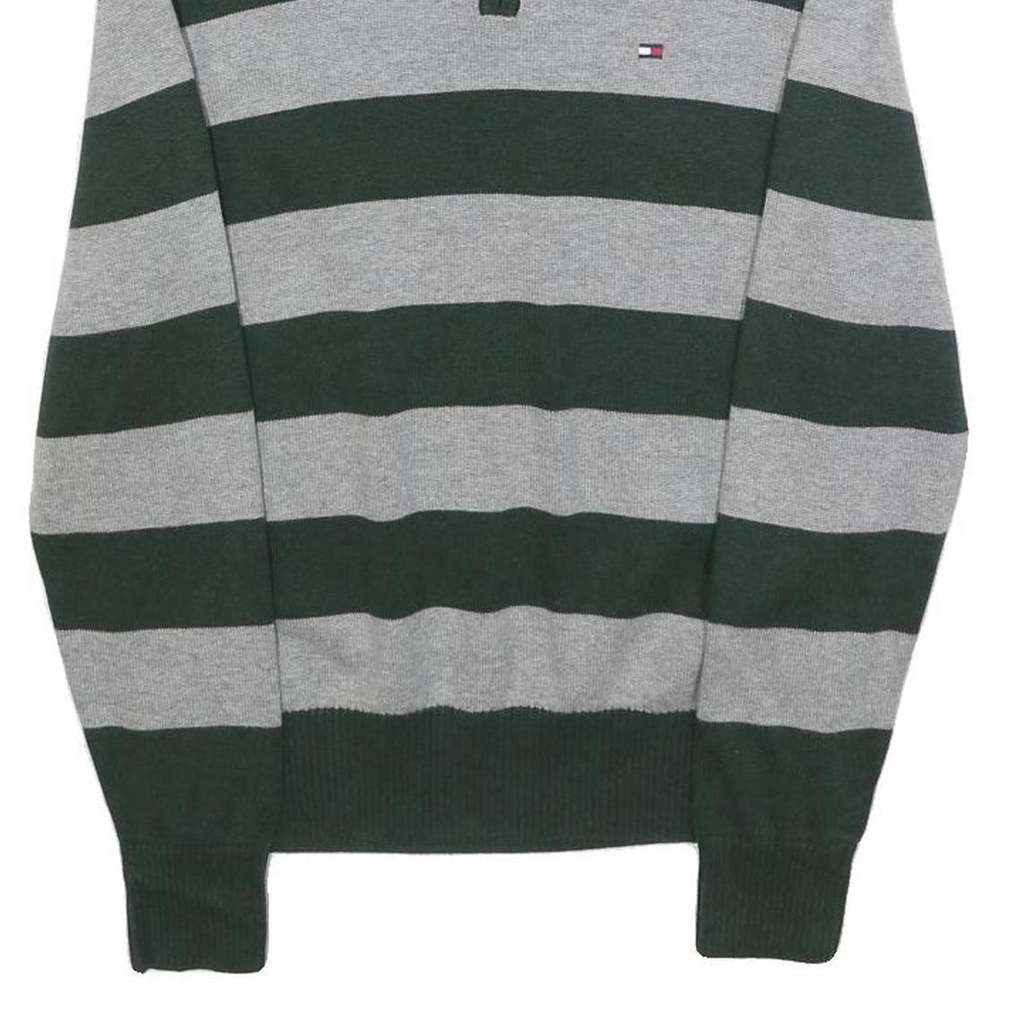 TOMMY HILFIGER Mens Green & Grey Patterned Jumper V-Neck Basic Knit XS Cotton