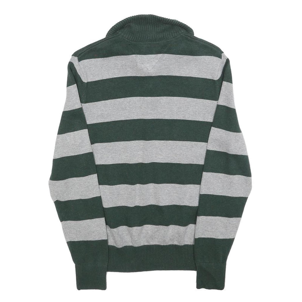 TOMMY HILFIGER Mens Green & Grey Patterned Jumper V-Neck Basic Knit XS Cotton